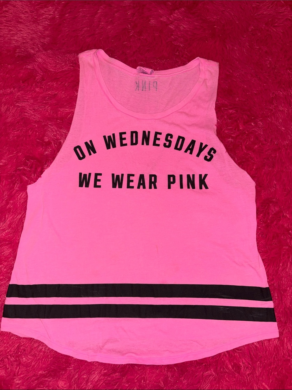 PINK Victoria's Secret Hot Pink Graphic Tank with Black Lettering